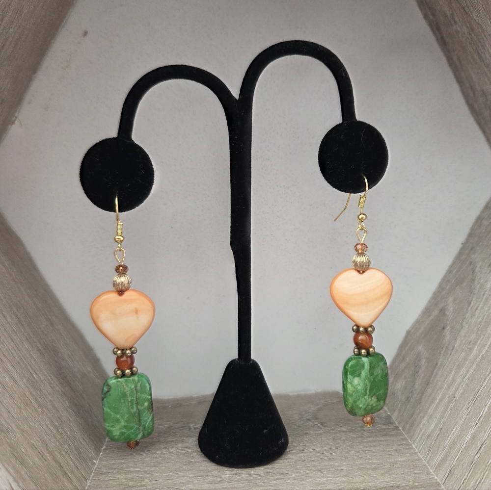 Orange Heart Tibetan Green Turquoise Handmade Earrings Boho Artsy Fairy Festival